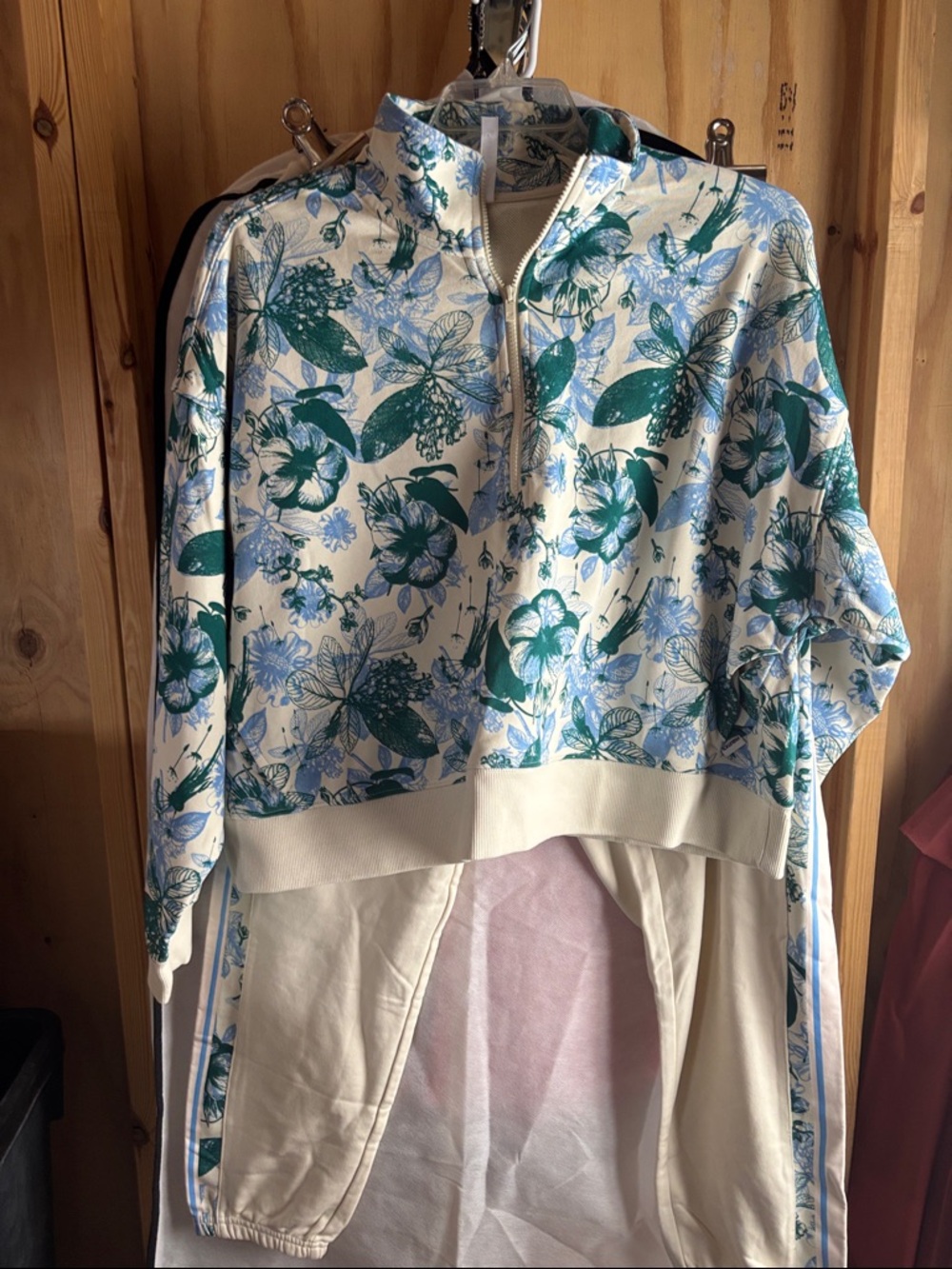 Fabletics Cream Floral Track Jacket and Joggers Set - Blue & Green Print